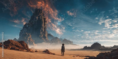 A solitary figure walks a vast, alien desert under a breathtaking starry sky.  Perfect for sci-fi, fantasy, adventure, and travel themes. Ideal for websites, video games, and print media.