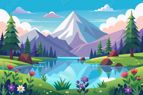 A vibrant natural landscape illustration features a serene lake, rolling green hills, and majestic mountains under a clear blue sky, evoking the essence of summer and spring