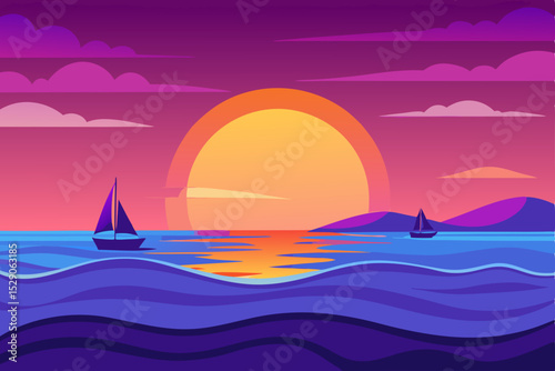 A beautiful sailboat glides across the tropical sea at sunset, its silhouette framed by the vibrant orange sky and gentle waves