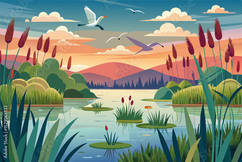 Tranquil summer landscape with lake, trees, and blue sky, featuring green grass and rolling hills under the sun
