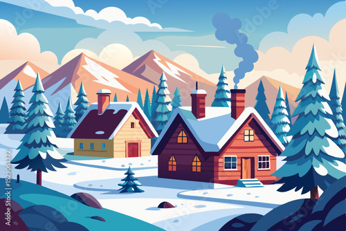 Snowy winter village landscape with festive houses and trees under a cold night sky
