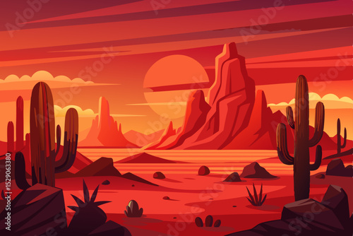 Monument Valley Arizona desert landscape at sunset with silhouetted mountains and a vibrant orange sky