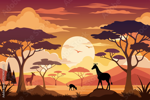 Orange sunset over a desert landscape with a giraffe silhouette and camel, a wildlife vector illustration