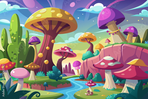 Mushrooms in the forest, a vibrant nature illustration of diverse fungi and toadstools nestled in green grass, perfect for autumn food and fantasy art