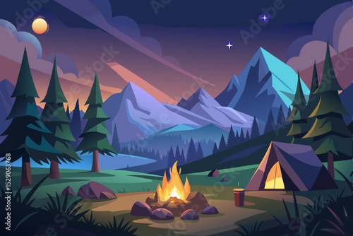Camping by night on a mountain, a vector illustration of nature and travel with a tent under the starry sky