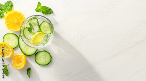 Refreshing lemon and cucumber infused water with fresh mint on white background