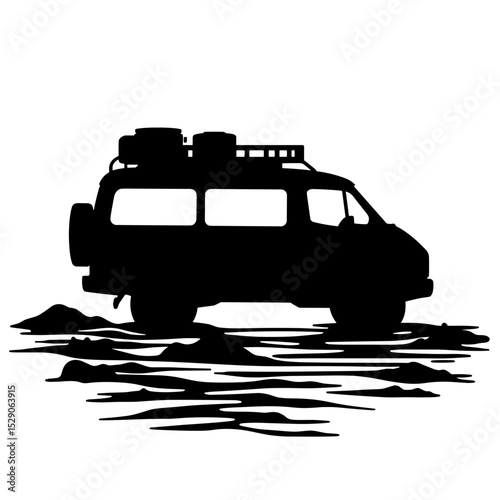 Silhouette of off-road van crossing water with roof gear, wilderness adventure