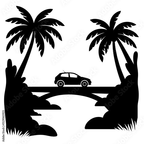 Car silhouette on wooden bridge amid jungle canopy, rustic travel exploration