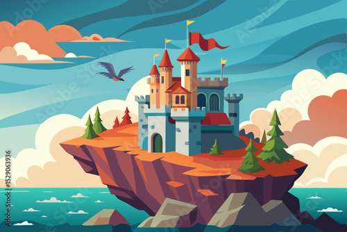 A whimsical cartoon castle, a medieval fortress with towers, stands majestically on a hill overlooking a serene lake and the distant sea, a fairytale illustration of fantasy architecture