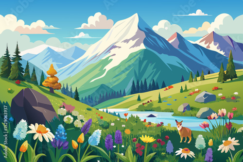 Colorful alpine meadow with summer flowers and green grass, offering a panoramic mountain landscape view under a clear sky