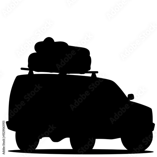 Silhouette of vehicle with packed gear on roof rack, road trip adventure dawn