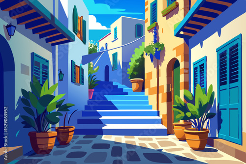 Old European town's narrow street with traditional architecture and vibrant flowers under a clear sky