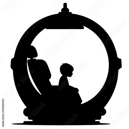 Silhouette of child in spaceship-themed chair, imaginative pediatric setting