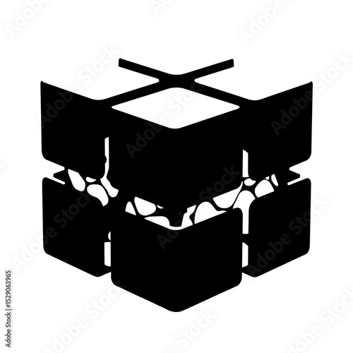 Silhouette of toy cube with sliding panels on white background, puzzle play design