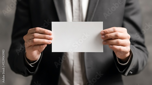 Blank card held by a person in a suit.