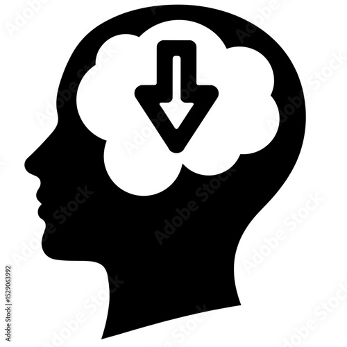 Silhouette brain with download arrow icon, knowledge transfer illustration