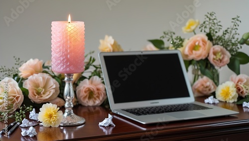 bouquet of roses and computer