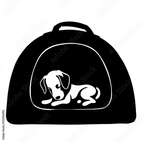 Silhouette of puppy sleeping in travel bed, pet comfort and security illustration