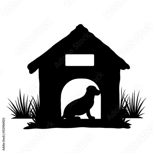 Silhouette of dog house with slanted roof and nameplate, pet shelter identity