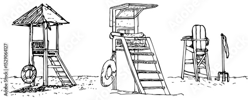 Sketches of rescue towers on the shore, rescue service