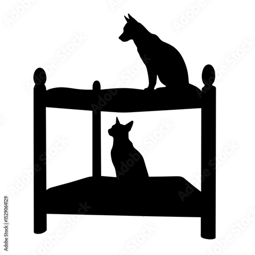 Silhouette pet bunk bed with dog and cat on white background, multi-pet space