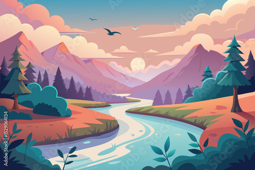 Vibrant sunset over a mountain landscape with clouds in the sky, hinting at dawn or sunrise through the mist and fog