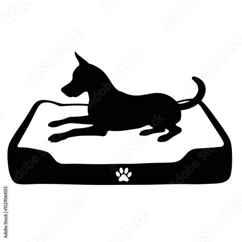 Silhouette of dog on orthopedic bed with paw print, pet comfort and joint support