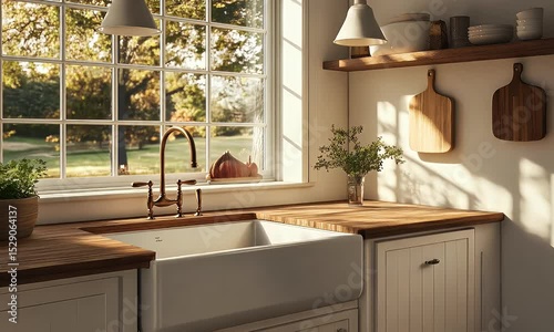 Bright Farmhouse Kitchen with Wooden Countertops and Sunlight Streaming Through Window