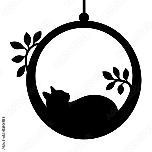 Silhouette of cat sleeping in wall hammock beside plant, tranquil home decor
