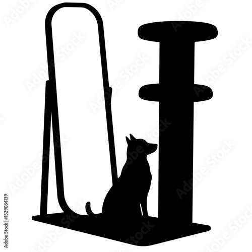 Silhouette of pet beside cushioned tower with mirror, minimalist home design