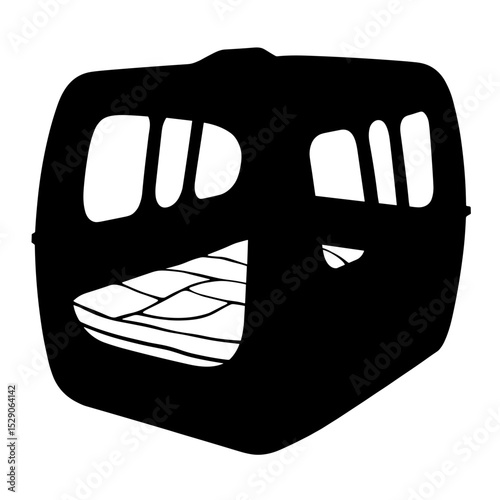Silhouette of travel crate with bedding on white background, pet transport comfort