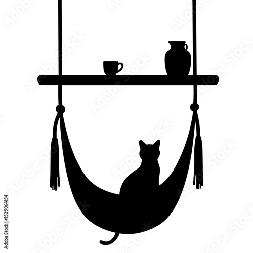 Silhouette of cat in hammock under shelf with cup and jug, cozy boho decor