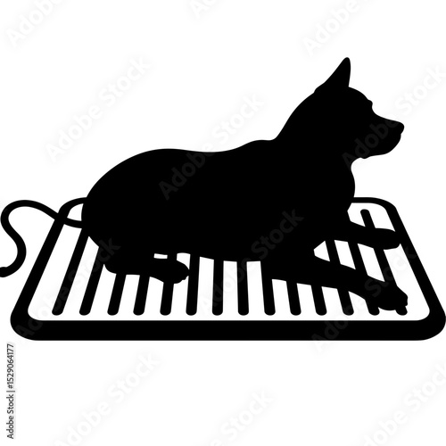 Silhouette of dog on heated pet mat, winter comfort and pet care