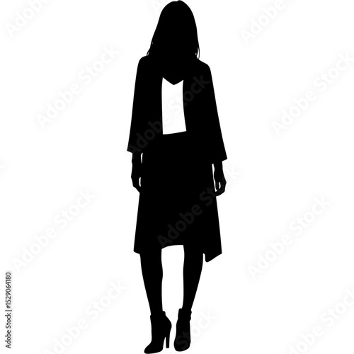 Silhouette woman in long cardigan and leggings on white background, fashion simplicity