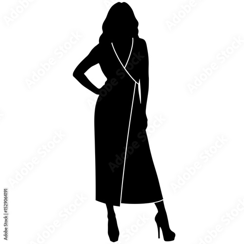 Silhouette of woman in wrap dress on white background, fashion simplicity elegance