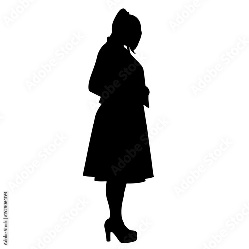 Silhouette of woman in flared skirt and jacket on white background, fashion elegance