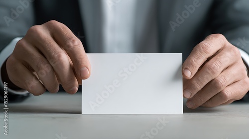 Blank business card held by a person in a suit.