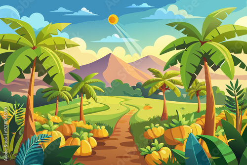 Tropical island beach with palm trees, a summer paradise illustration