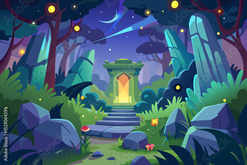 Fantasy cartoon illustration of an underwater night world map with fish, trees, and the moon