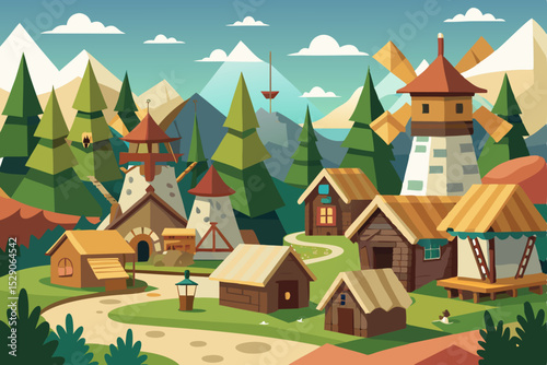 Picturesque houses dotting a mountain landscape with forest trees, a charming village illustration in nature's embrace under a summer sky