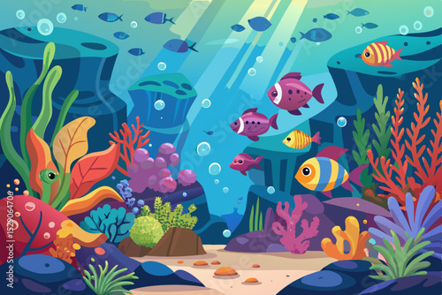 Underwater tropical coral reef teeming with colorful fish and marine life