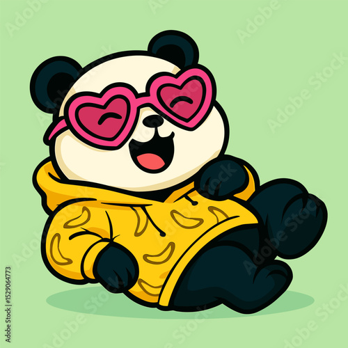 A joyful panda lies on its back laughing, wearing pink heart glasses and a loose hoodie with banana prints, set against a solid pale green background.