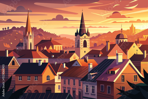 Historic European town at night featuring ancient architecture, a prominent church tower, and medieval building roofs under a dramatic sky