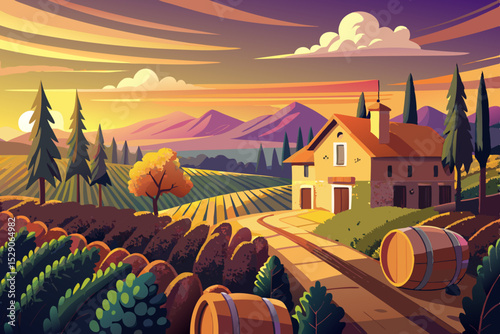 Vineyard landscape with wooden wine barrels under a summer sky