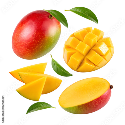 Fresh mango fruit slices and whole isolated on transparent background
