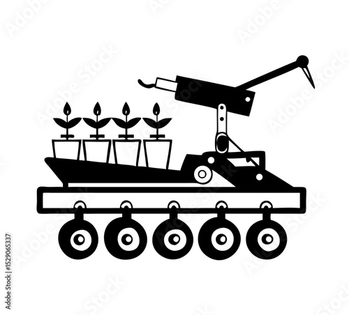 Planter machine icon with plants, modern design, agricultural technology and farming