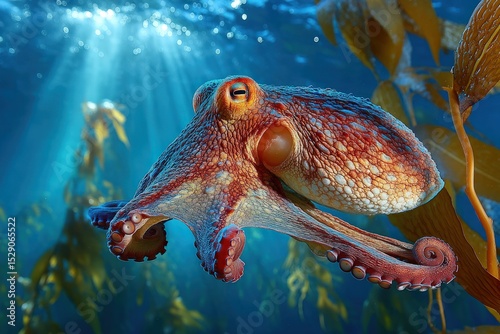 Underwater Octopus in Kelp Forest