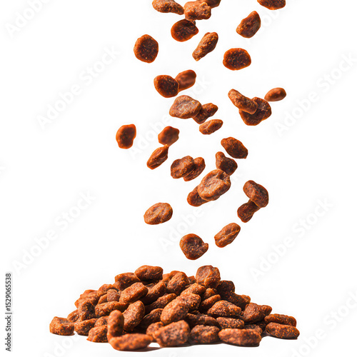 Falling dry pet food, crunchy brown kibble for dog and cat