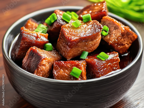 Braised pork belly, glossy sauce, green onion garnish, Chinese cuisine, savory, tender, delicious