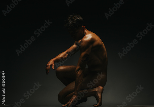 Vászonkép A creative depiction of a nude male figure kneeling in a dim, moody atmosphere